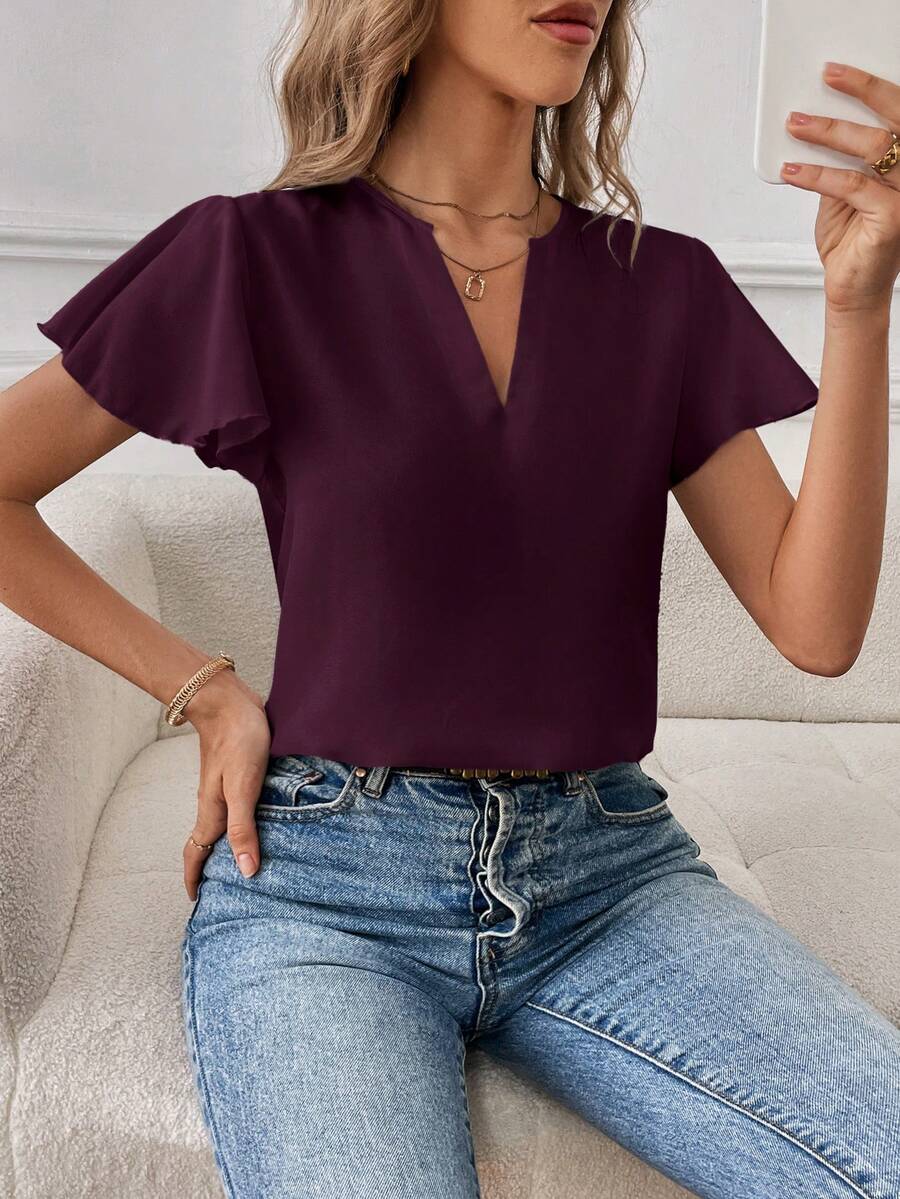 SHEIN Essnce 女士休闲翻领纯色衬衫 - 中紫紅色 - 查看 1
