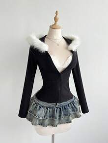 Elamini 女士白色针织抓绒罗纹仿毛领长袖修身短款拉链连帽卫衣，休闲时尚，百搭实用，适合通勤、上学、运动、日常穿着、约会以及秋冬季穿着。 - 黑色 - 查看 7