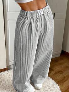 CovetEZ Black & White Striped Woven Women's Pants, Spring/Summer Stripe Pants Wide Pants Pleated Pants Tall Pants Loose Pants - Black and White - View 2