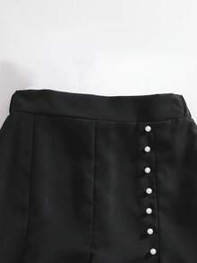 SHEIN 少女款优雅简约黑色高腰编织半身裙，饰有可拆卸蝴蝶结，春夏百搭，可搭配衬衫、T恤、Polo衫等。 - 黑色 - 查看 4