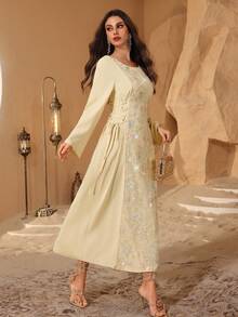 Al Najma Elegant Beaded Embroidery Round Neck Arabic Style Dress For Women - Apricot - View 3