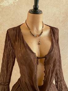 Soleia Women's Fashion Casual Plunging Neck Flare Sleeve Mini Dress Brown Summer Dress