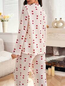 Moonlight&Mama 2pcs Casual Heart Print Maternity Pajama Set With Snap Button, Long Sleeve Top And Long Pants - Apricot - View 6