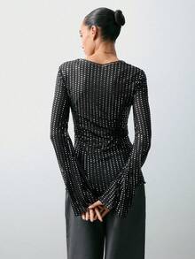 Maija Black Base Silver Polka Dot Fitted Waist Flare Sleeve Round Neck Minimalist Women Top, Versatile For Holidays And Urban Gatherings - Black - View 6