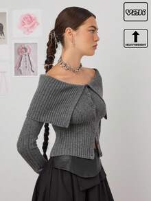 COUREZ Off The Shoulder Button Front Rib Knit Jumper /Y2K Going Out Outfits  Women Clothes  Clothes Cute Spring Sexy Going Out Tops - Dark Grey - View 1