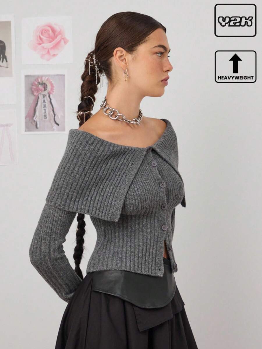 COUREZ Off The Shoulder Button Front Rib Knit Jumper /Y2K Going Out Outfits  Women Clothes  Clothes Cute Spring Sexy Going Out Tops - Dark Grey - View 1