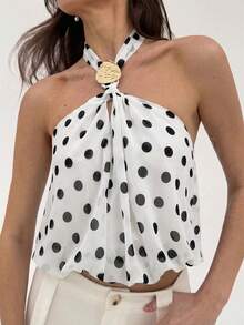 Aloruh Áo hai dây cổ yếm buộc dây đơn giản chấm bi trang trí kim loại mới dành cho nữ, thích hợp mặc đi làm. - trắng - Xem 1