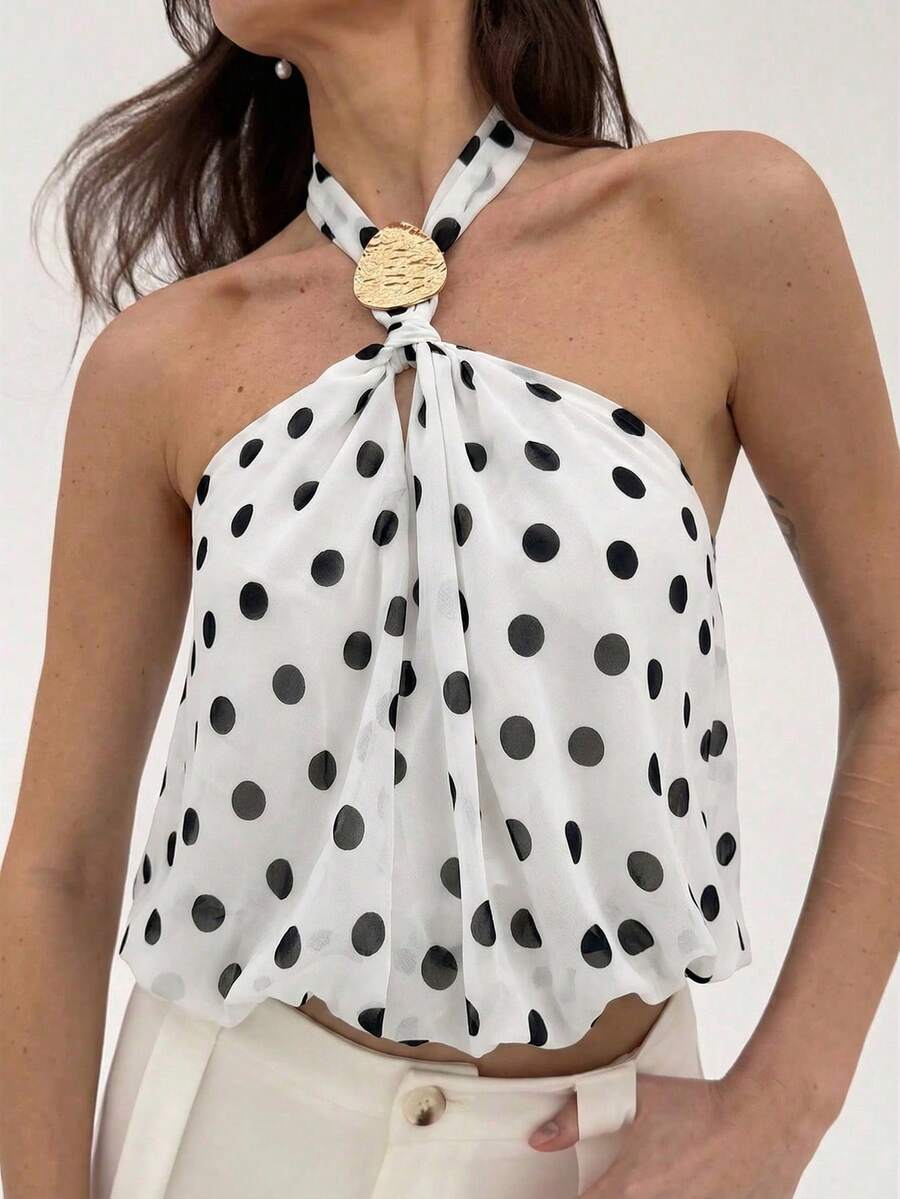 Aloruh Áo hai dây cổ yếm buộc dây đơn giản chấm bi trang trí kim loại mới dành cho nữ, thích hợp mặc đi làm. - trắng - Xem 1