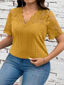 SHEIN Clasi Plus Size Summer Solid Color Contrast Lace Hollow Out Embroidery T-Shirt - Yellow - View 8