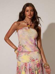 SHEIN BAE Women's Spring/Summer Vacation Casual Printed Pattern Beaded Halter Neck Tank Top, Suitable For Vacation, Casual Outings, Music Festivals, Printed Tank Top - Pink - View 6