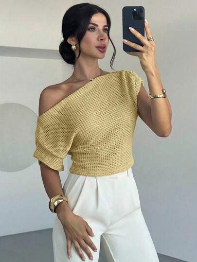 Firerie Camiseta de mujer con cuello asimétrico texturizado y mangas tipo murciélago, top de tela perforada, adecuado para primavera/verano, ir al trabajo, elegante, casual, diario, trabajo, top de mujer color amarillo pálido, camiseta casual de vacaciones, elegante, ir al trabajo, cita, atuendo de trabajo, vuelta al colegio, bohemio, vacaciones, bohemio, playa, cómodo