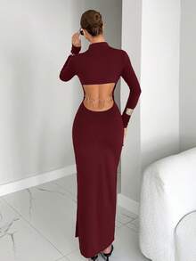 Siren Gaze Women's Solid Color Ring Decor Backless Fitted Long Sleeve Dress Spring Valentine's Day Party Elegant Red Wedding - Burgundy - View 4