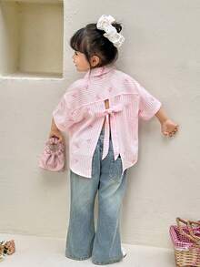 女童休闲舒适条纹领开襟宽松短袖镂空后背梭织衬衫