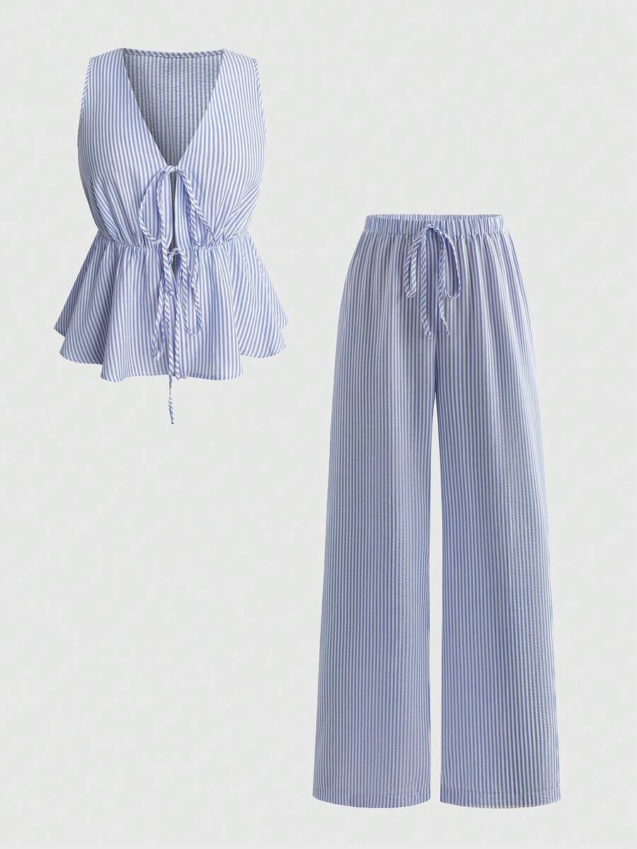 Sweetra Bộ 2 món áo không tay cổ bẻ in họa tiết kẻ sọc thêu và quần short cạp chun dáng casual dành cho nữ, thích hợp cho mùa xuân/hè. - Xanh và trắng - Xem 1