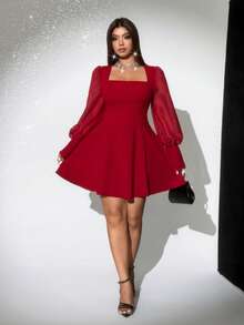 Viva Relle Đầm dài tay phồng cổ vuông gợi cảm cỡ lớn - Đỏ - Xem 3