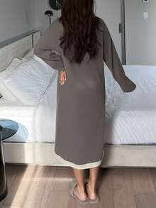 DAZY 极简撞色二合一宽松中长款女士睡裙 - 灰色 - 查看 2