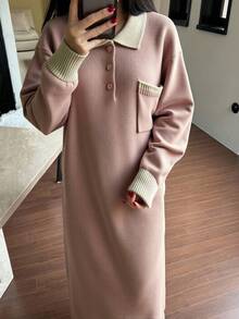 DAZY Rochie lungă, lejeră, tricotată, minimalistă, în culori contrastante, pentru femei, lejeră, lejeră, pentru casă, de iarnă - Roz - Vizualizare 6