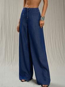 TRNVIE 时尚休闲系带低腰阔腿牛仔裤 - 中等水洗藍 - 查看 4