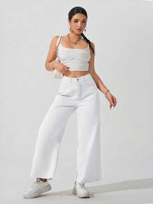 SHEIN ICON Quần jeans ống đứng rách gấu, cạp chun dành cho nữ cỡ lớn - trắng - Xem 4