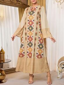 Al Najma Women's Geometric Print Long Sleeve Loose Casual Arabic Style Dress Kaftan Jalabiya Dress - Brown - View 4