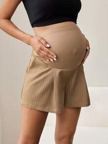 MaterniWear Sommer Frauen Büro, Business Umstandsmode Elegante Lässig gestreifte Muster Taschen Shorts, Old Money Stil, Pendler Shorts - Khaki - Übersicht 4