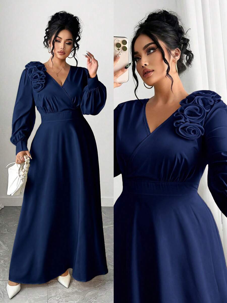 Elenzga Plus Size Women's Elegant Romantic Vacation 3D Pleated Floral V-Neck Long Sleeve Cinched Waist Dress, Cream Yellow