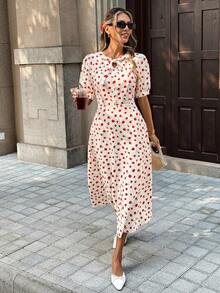 SHEIN PariChic Women's Round Neck Puff Sleeve Polka Dot Fashionable Summer Dress Elegant Floral Dress Women - White - View 1