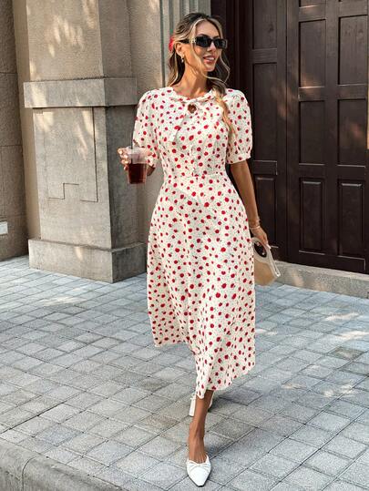 Pariaura Women's Round Neck Puff Sleeve Polka Dot Fashionable Summer Dress