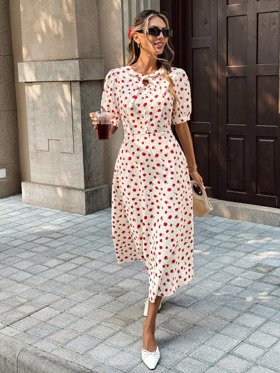 SHEIN PariChic Women's Round Neck Puff Sleeve Polka Dot Fashionable Summer Dress Elegant Floral Dress Women - White - View 1