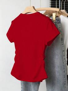 Camiseta ajustada de mujer con estampado de letras, silueta estilizante, estilo casual/al aire libre, nueva llegada de verano, color rojo - Burdeos - Ver 8