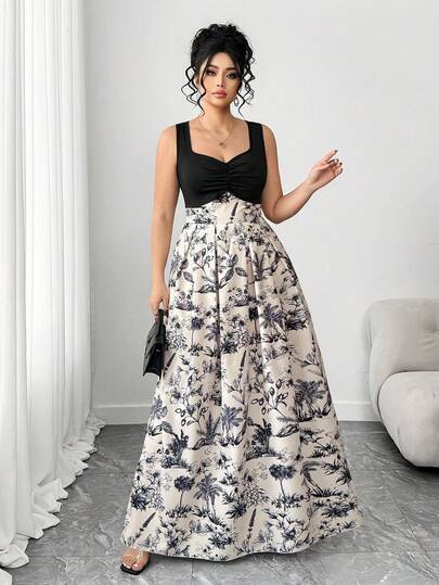 Elenzga Vestido de tirantes vintage con estampado floral plisado de lujo y peso ligero en negro para mujer talla grande, adecuado para volver al colegio, graduación, San Valentín, festivales de música