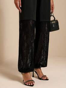 Vesra Pantalones de longitud hasta el tobillo de unicolor con encaje de contraste para mujer - Negro - Ver 6