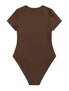 SHEIN BASICS Casual Solid Color Knit Crew Neck For Women Bodysuits For Women Brown Bodysuit Summer Clothes - Brown - View 5