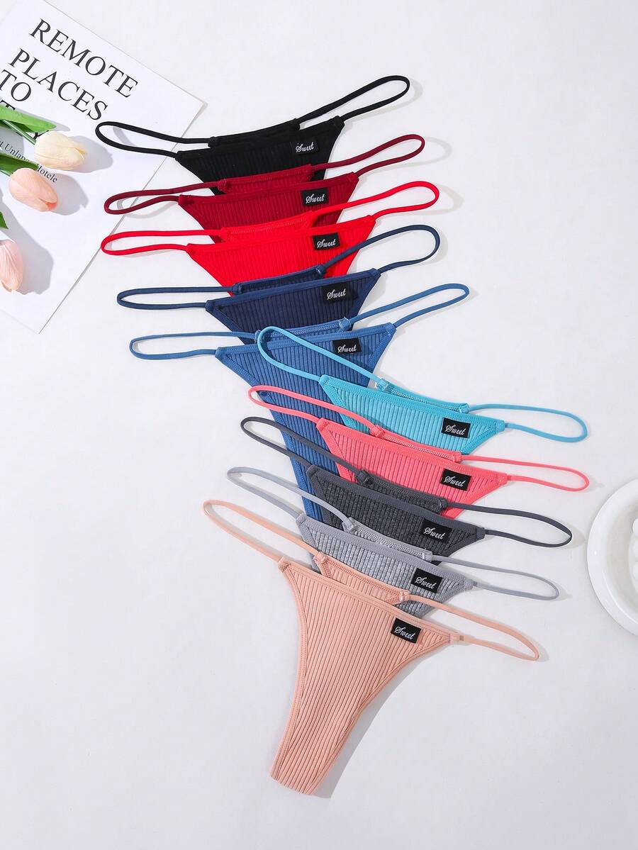 10条装女士罗纹高弹舒适丁字裤 - 彩色 - 查看 1