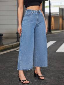 SHEIN ICON Quần jeans ống đứng cạp chun, gấu quần rách tua rua dành cho nữ cỡ lớn, màu xám nhạt. - Rửa nhẹ - Xem 7