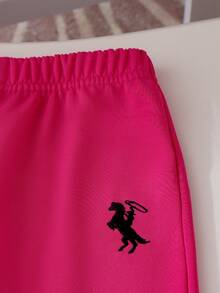SHEIN Genkimix Kids 2 件套女孩少女玫瑰红色插肩袖纯色运动衫套装和裤子套装，针织休闲圆领套装 - 玫紅色 - 查看 3
