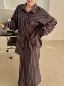 DAZY Women's Loose Fit Drop Shoulder Long Sleeve Striped Blazer Suit Set - Brown - View 4