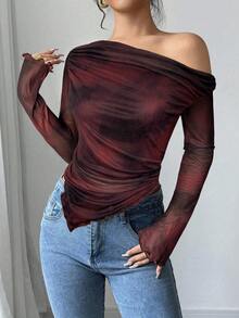 Firerie Áo thun nữ dài tay trễ vai ôm dáng, nhuộm tie-dye họa tiết hoa, tối giản và thời trang, phù hợp mặc hàng ngày, áo dài tay lưới họa tiết hoa, trang phục mùa xuân/hè/thu, thanh lịch, đi làm, thường ngày, tối giản, trang phục công sở. - Màu Đỏ Sâu - Xem 6