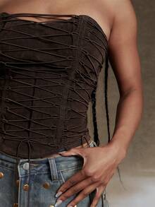 Denimoi Washed Denim Velvet Affect Lace Up Corset Top - Coffee Brown - View 2