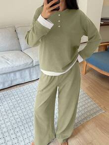 DAZY Bộ đồ ngủ dệt kim thoải mái dành cho nữ với họa tiết phối màu tương phản, thích hợp cho mùa thu/đông. - màu xanh lá - Xem 4