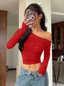 SHEIN EZwear 亮片针织女式新款音乐节不对称肩部短款褶皱长袖T恤 - 紅色 - 查看 5