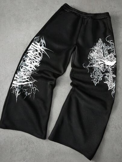 PAVTROS Men's Gothic Street Style Skull Dark Rock Graphic Sweatpants, Suitable For Outdoor Music Festivals, Casual Outings, Gifts For Boyfriend/Husband, Anniversary Presents, Black