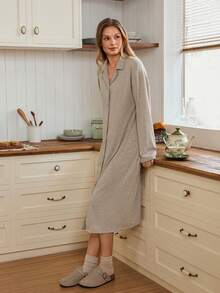 SHEIN Doze Lane Solid Color Lapel Open Front Loose Casual Long Shirt Dress For Women Long Sleeve Nightgown Loungewear Dress Sleep Wear Women Button Front Button Down Nightgown - Mocha Brown - View 6