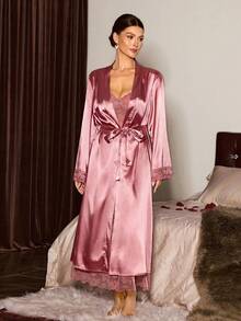 Slumberist Sexy Lace Camisole Nightgown And Faux Silk Lace Trim Robe Set Sexy 2piece Nightgown Gown And Robe Set Lingerie Robe Set Lingerie Gown Satin Night Gown - Dusty Pink - View 5