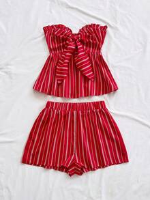 Soleia 女士条纹印花荷叶边下摆扭结前襟无袖露脐上衣和休闲短裤两件套，适合派对、海滩、度假等场合。 - 紅色 - 查看 5