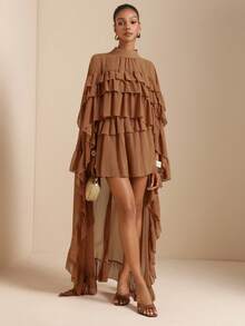 Vesra Women's Retro Elegant Ruffle Hem Brown Blouse - Brown - View 5