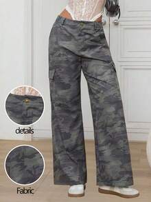 Aidyla Women's Pocketed Button Camo Cargo Pants, Casual Versatile Street Outdoor Wear Wide Leg Trousers - Army Green - View 1