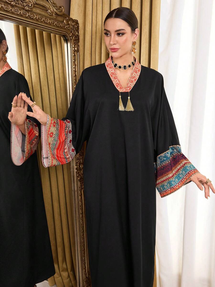 Al Najma Women's Patchwork Striped Print V-Neck Fringe Design Loose Arabic Dress Kaftan Jalabiya Dress - Black - View 1