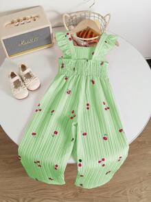 Genkimix Kids 一件复古休闲修身独特樱桃印花连体裤，适合夏季户外活动和上学穿着。 - 綠色 - 查看 2