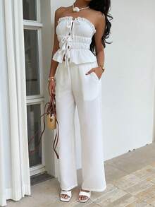 Sunnyshic 2pcs/Set Women's White Linen-Like Bamboo Knot Fabric Front Tie Bow Waist Ruffle Hem Backless Crop Top And Low Waist Slit Pocket Straight Leg Wide Pants, Elegant Casual Vacation Beach Commute Outfit, Spring/Summer - White - View 4